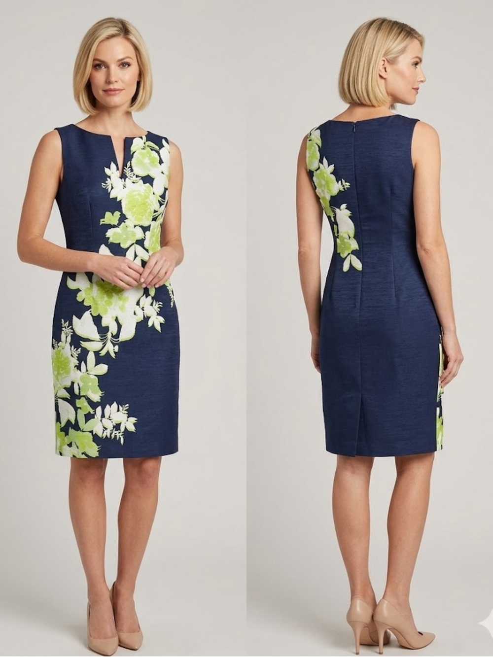 Chetta B Navy Midi Sheath Dress with Lime Floral Print